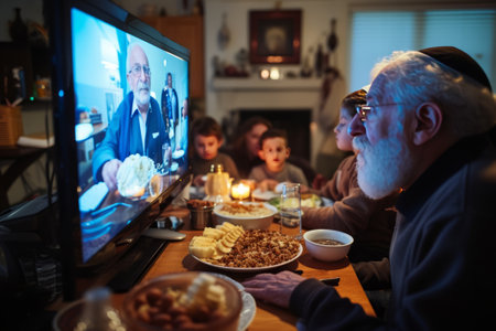 Jewish family celebrating Shabbat dinner over a video call, showcasing the blend of tradition and modern connectivity.