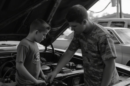 A small, tender moment where a veteran teaches their sibling to repair a car, reflecting shared learning and bonding.の素材