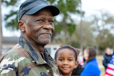 A veteran attending a children's school event, proudly participating in their children's life and community.の素材