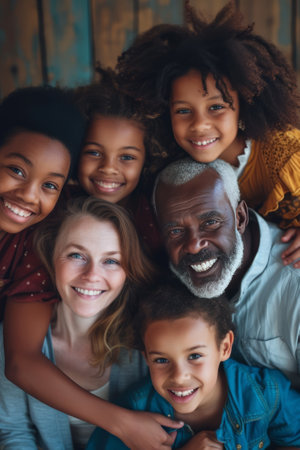 A multi-generational family portrait including a veteran, showing diverse ages and ethnic backgrounds in a unified family.の素材