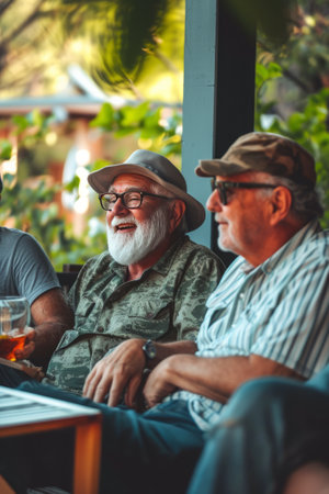 A veteran and his friends, who serve as a chosen family, enjoying a casual get-together, highlighting the importance of friendship.の素材