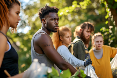 Diverse individuals participating in a neighborhood clean-up, showing unity and care for their local environment.の素材