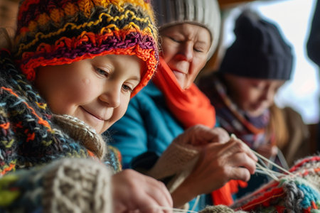 Volunteers of all ages knitting warm clothes for a charity drive, showing care and dedication to those in need.の素材