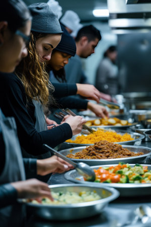 People of different backgrounds serving meals at a homeless shelter, showing community support and empathy.の素材