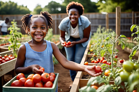 Young African American mom smiling hugely seeing her child's excitement picking ripe tomatoes in raised garden beds.の素材