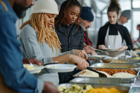People of different backgrounds serving meals at a homeless shelter, showing community support and empathy.の素材