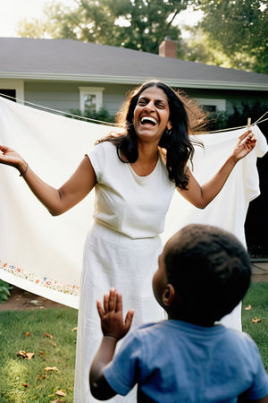Indian American mother laughs watching goofy husband chasing children around backyard through clean white sheets hanging on clothesline.の素材