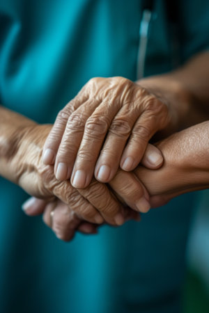 A healthcare worker compassionately holding a patient's hand, showing healing through care and empathy.の素材