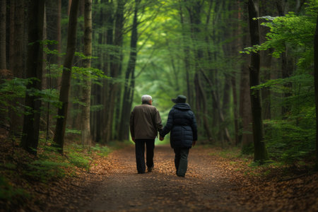 Elderly couple walking hand in hand in a peaceful forest, reflecting companionship and emotional healing.の素材