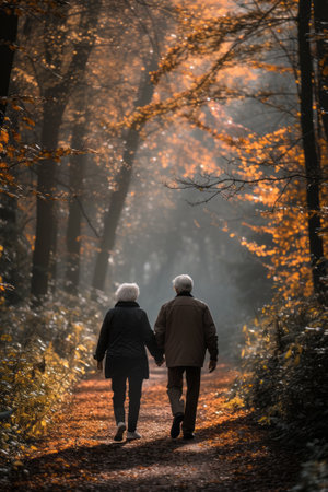 Elderly couple walking hand in hand in a peaceful forest, reflecting companionship and emotional healing.の素材