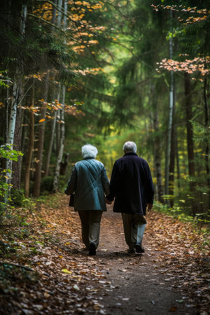 Elderly couple walking hand in hand in a peaceful forest, reflecting companionship and emotional healing.の素材