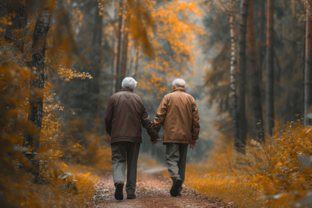 Elderly couple walking hand in hand in a peaceful forest, reflecting companionship and emotional healing.の素材