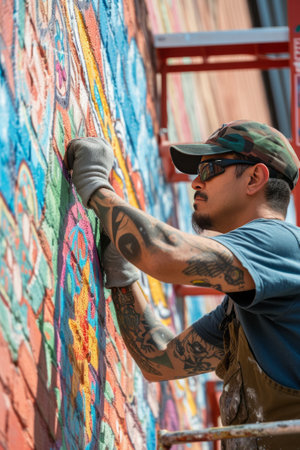 A veteran collaborating with local artists to create a mural celebrating community and service, blending art and activism.の素材