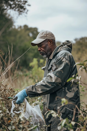 A veteran leading a community clean-up event, demonstrating leadership and a commitment to environmental stewardship.の素材