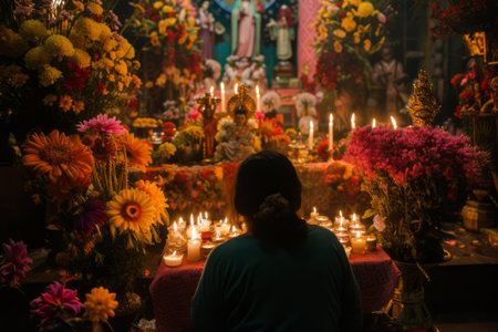 A practitioner of Santera engaging in a candle-lit ritual, with an altar adorned with vibrant flowers and statues.の素材