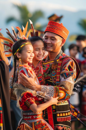 A family wearing traditional attire, dancing at a cultural festival, proudly showcasing their heritage as an act of celebration and defiance.の素材