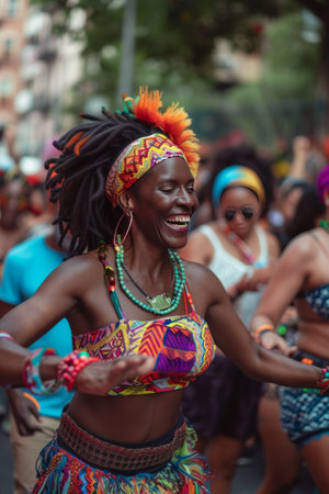 A vibrant street parade with people dancing joyfully, celebrating their cultural identity and resistance.の素材