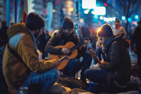 A group of friends creating music at a peaceful protest, their melodies a form of joyful resistance.の素材