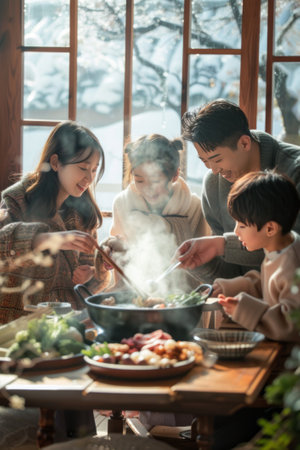 A family gathered around a steaming hotpot, each member contributing a unique ingredient, symbolizing unity.の素材