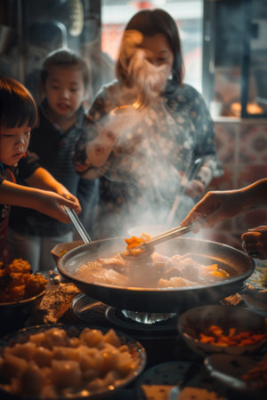 A family gathered around a steaming hotpot, each member contributing a unique ingredient, symbolizing unity.の素材