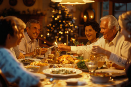 A multi-generational family sharing a homemade meal, laughing echoing as recipes and stories are exchanged.の素材