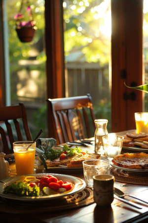 An intimate family breakfast, simple fare shared in a moment of togetherness and morning conversation.の素材