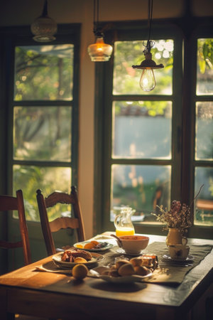 An intimate family breakfast, simple fare shared in a moment of togetherness and morning conversation.の素材