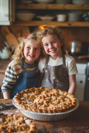Siblings baking together, recreating a passed-down pie recipe, laughter mingling with the scent of baking.の素材