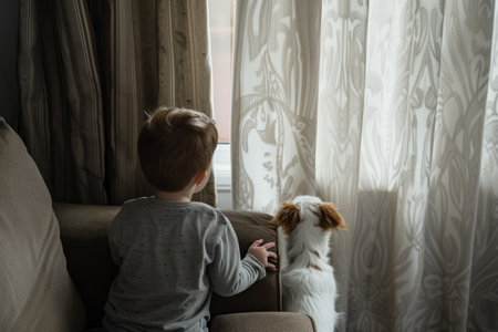 Short boy kneeling backwards on couch peeking slyly out curtain at family walking dog he wants to pet.の素材
