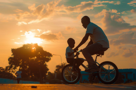 A single father teaching his child to ride a bike, illustrating the resilience and dedication in single-parent families.の素材