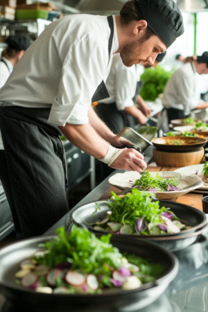 A chef preparing a meal with locally sourced, seasonal ingredients, supporting local agriculture and reducing carbon footprint.の素材