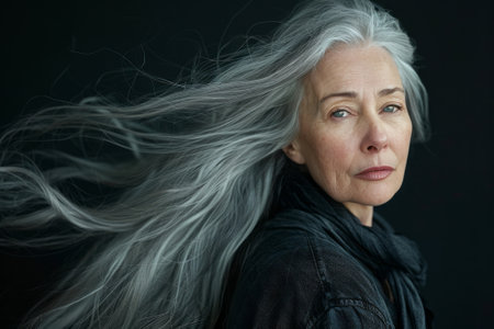 Portrait of a gray long haired senior woman looking at camera confidently in front of a black background. Her hair is flying.の素材