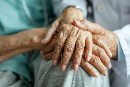 Nurse, hands and senior patient in empathy, safety and support of help, trust and healthcare in hospital room.の素材