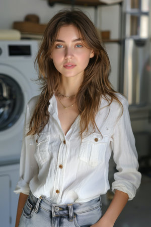 Portrait of woman in the laundry room for washing clothesの素材