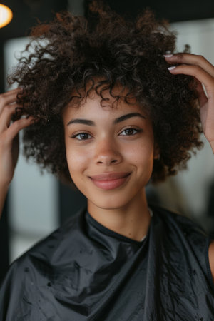 A cheerful woman customer in a hair salon cape, hands gently touching her full afro, embodies the joy of a fresh hairstyle in a modern salon settingの素材