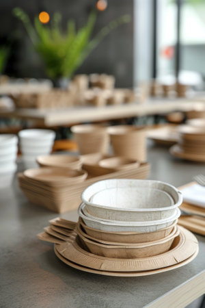 A restaurant using fully biodegradable tableware, committing to reduce plastic waste and promote sustainability.の素材