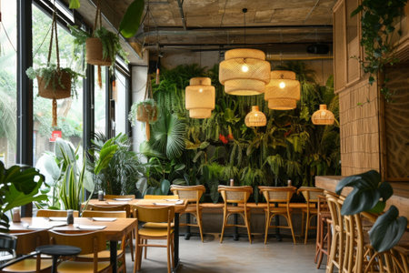 A restaurant using fully biodegradable tableware, committing to reduce plastic waste and promote sustainability.の素材