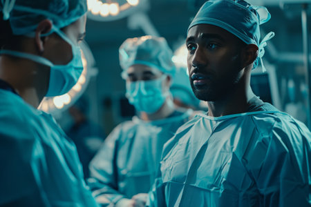 surgeons in operating room at hospital talking with a patient and preparing for operation. Surgeon concept.の素材