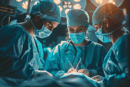 surgeons in operating room at hospital talking with a patient and preparing for operation. Surgeon concept.の素材