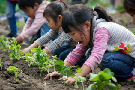 A school implementing a garden-to-cafeteria program, educating children on sustainable food production and healthy eating.の素材