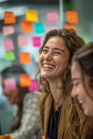 businesswomen laughing at office and writing on sticky paper notes on glass board.の素材