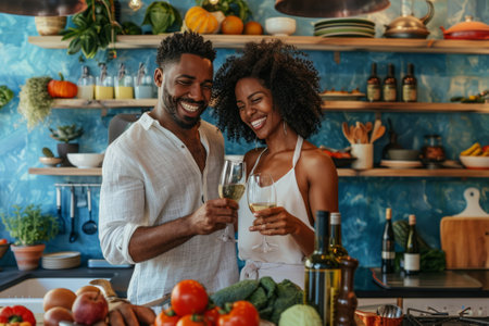 Cheerful couple raise wine glasses in a toast amidst a vibrant kitchen, surrounded by fresh produce and cooking essentials. Domestic love momentsの素材