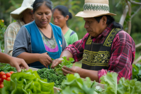 Indigenous leaders sharing traditional farming practices, advocating for food sovereignty and environmental stewardship.の素材