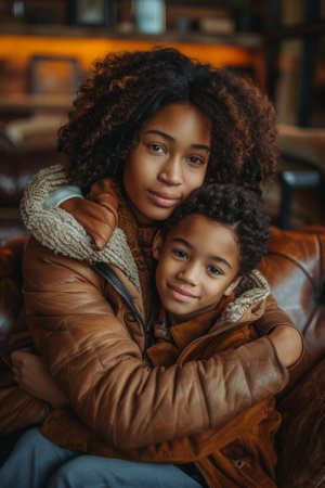 A black mother embracing her charming son in a loving hug on a couch, sharing a tender moment of connection. Motherhood conceptの素材