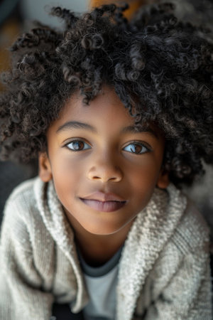 A cute black boy with curly hair and a mischievous smile, looking at camera with curiosity and embarrassment. Concept of innocence in childhoodの素材