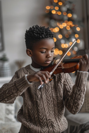 A black focused young boy practices playing the violin in a well-lit, cozy living room.の素材
