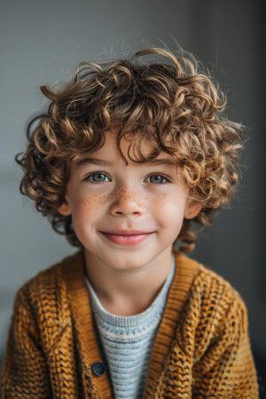 A cute boy with curly hair and a mischievous smile, looking at camera with curiosity and embarrassment. Concept of innocence in childhoodの素材