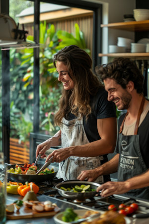 Happy couple cooking lunch together in their modern kitchen at home. They are laughing and having fun.の素材