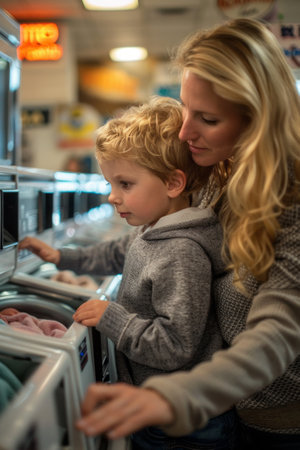 mother waiting with her son to wash his clothes in a laundry room while using computerの素材
