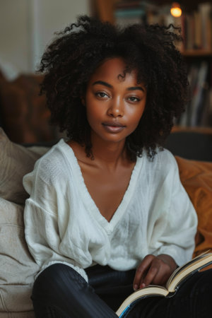 Portrait of charming black girl sits comfortably on a couch while reading a book and looking at cameraの素材